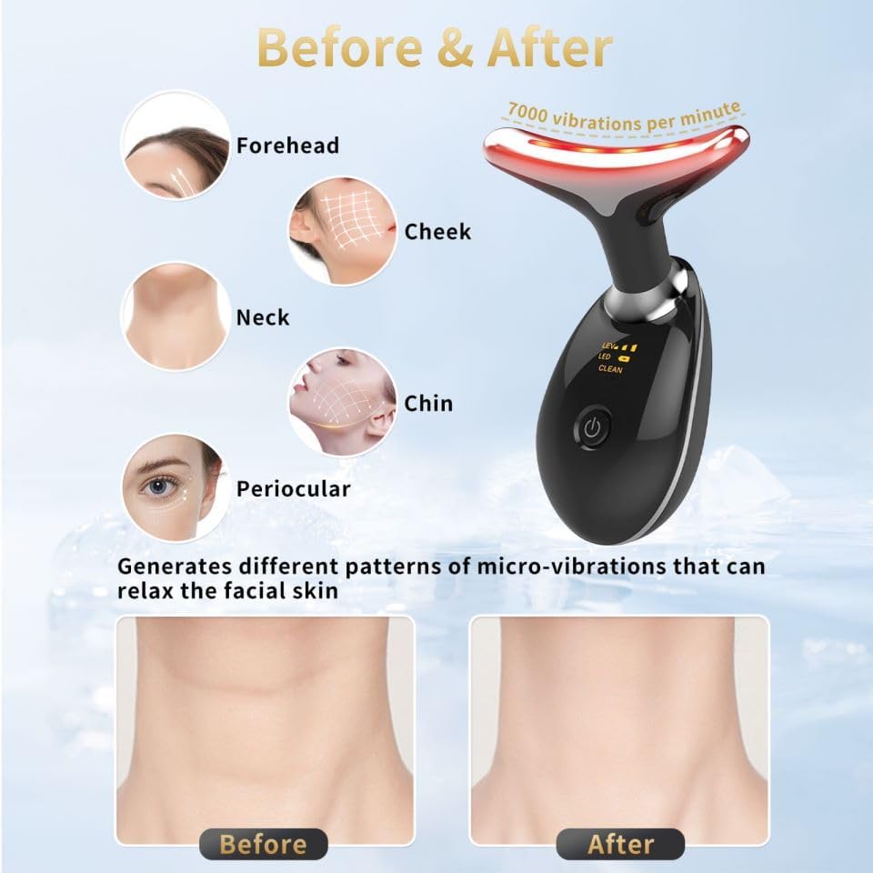 Facial Beauty Device, Multifunctional Facial Skin Care Tools with Vibration, Red and Blue LED Light, 7 Color Led Face and Neck Beauty Device for Home Use, Improve Skin