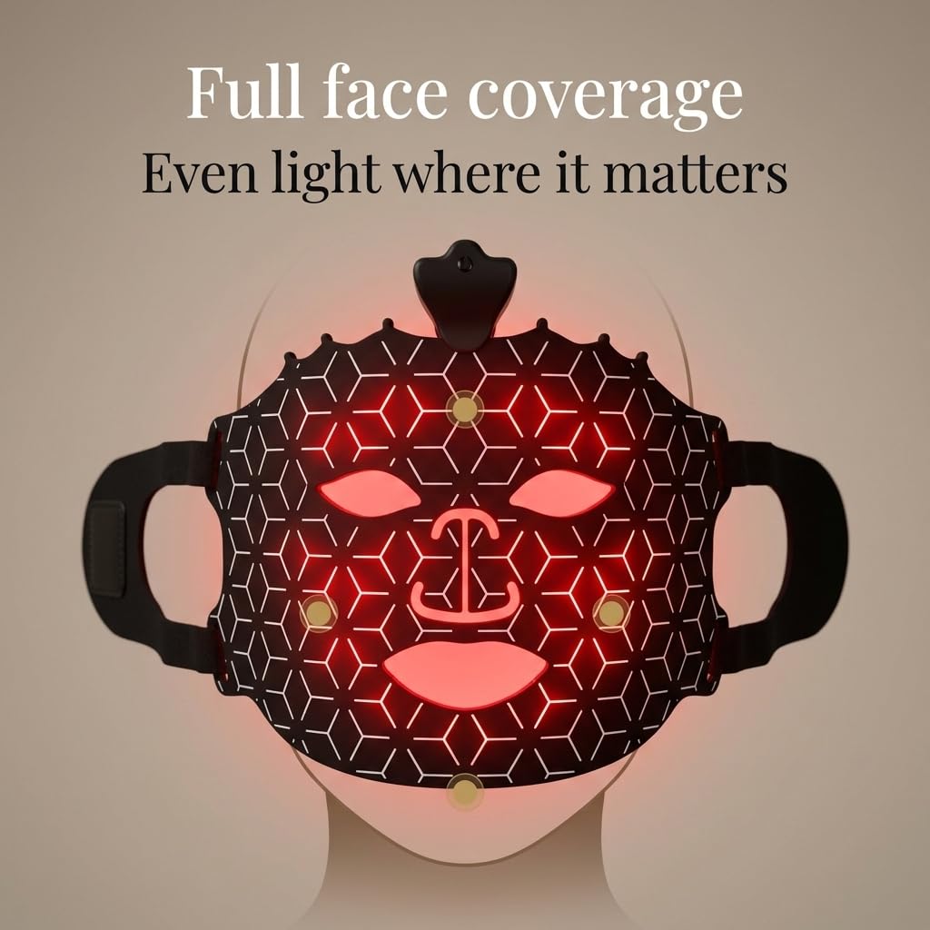 LED Mask Light Therapy for Face - Flexible Silicone Red Light Therapy Mask for Skin Rejuvenation and Anti-Aging - Wireless & Rechargeable Professional Home Skincare Tool, Black