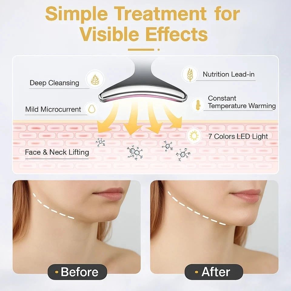 LED Facial and Neck Massager with 7 Color Light Modes, Heated Face Massager for Face and Neck, Rechargeable Skin Care Massage Device, Ergonomic T-Shaped Beauty Tool for Home Use