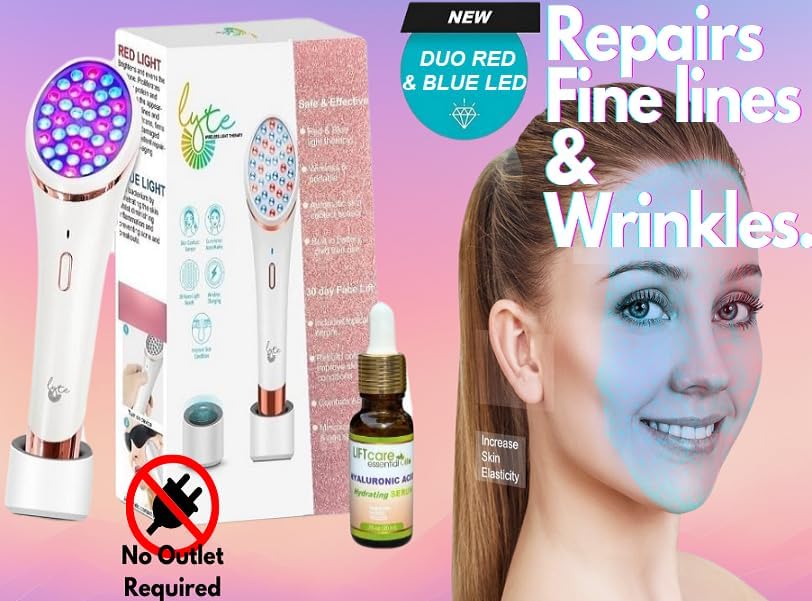 Lyte Wireless Duo LED Light Therapy Red & Blue Light Therapy Wand for Face Includes Hyaluronic Serum w/Automatic Sensor Wrinkle Reduction Facial Handheld Tool