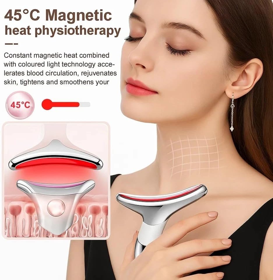 LED Facial and Neck Massager with 7 Color Light Modes, Heated Face Massager for Face and Neck, Rechargeable Skin Care Massage Device, Ergonomic T-Shaped Beauty Tool for Home Use