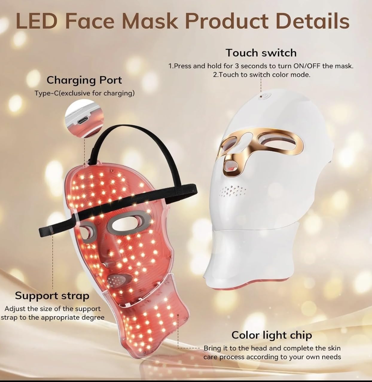 LED Face Mask with 7 Color Light Therapy for Face and Neck, USB-C Rechargeable, Cordless, Red Light Therapy Skin Care Mask for Home Use
