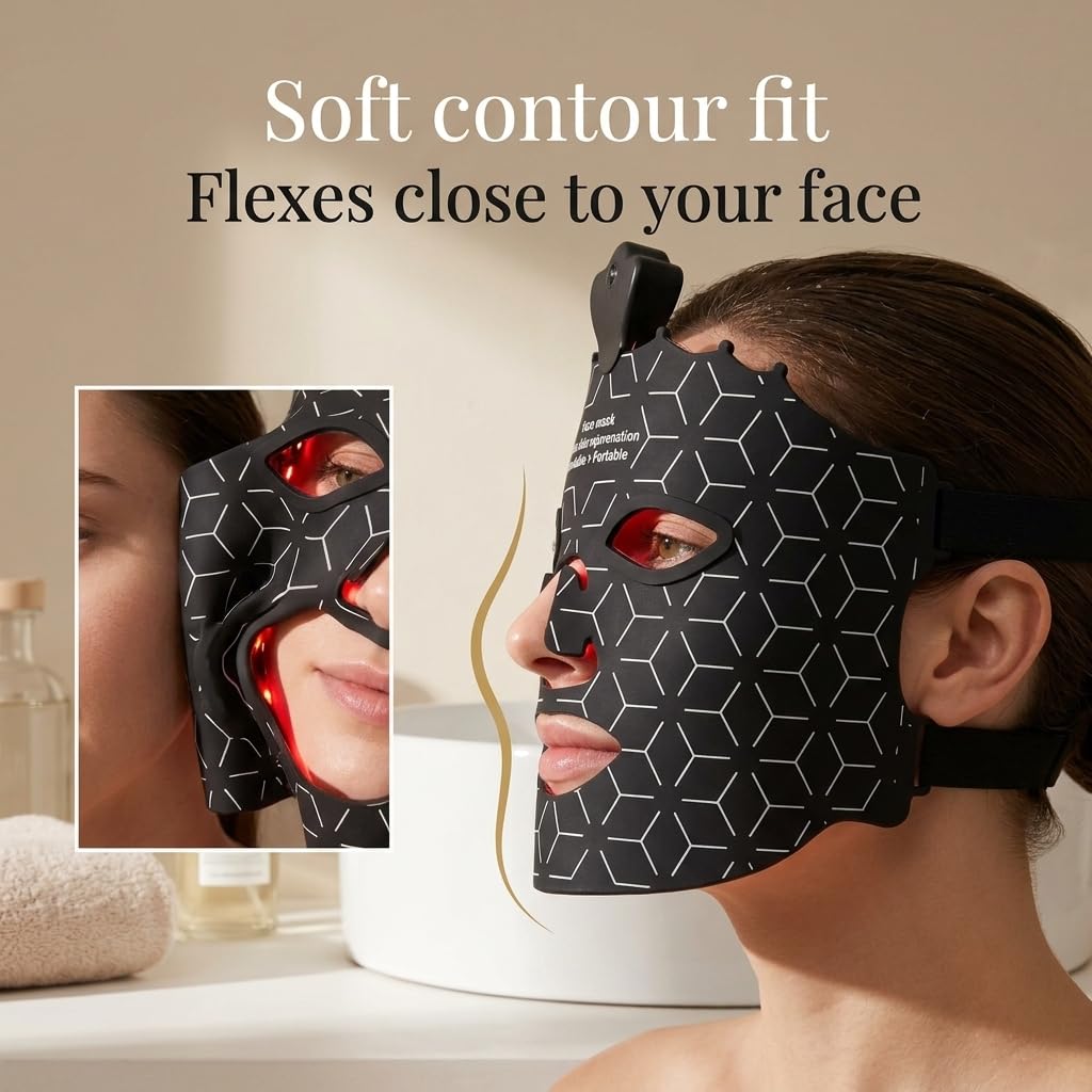 LED Mask Light Therapy for Face - Flexible Silicone Red Light Therapy Mask for Skin Rejuvenation and Anti-Aging - Wireless & Rechargeable Professional Home Skincare Tool, Black