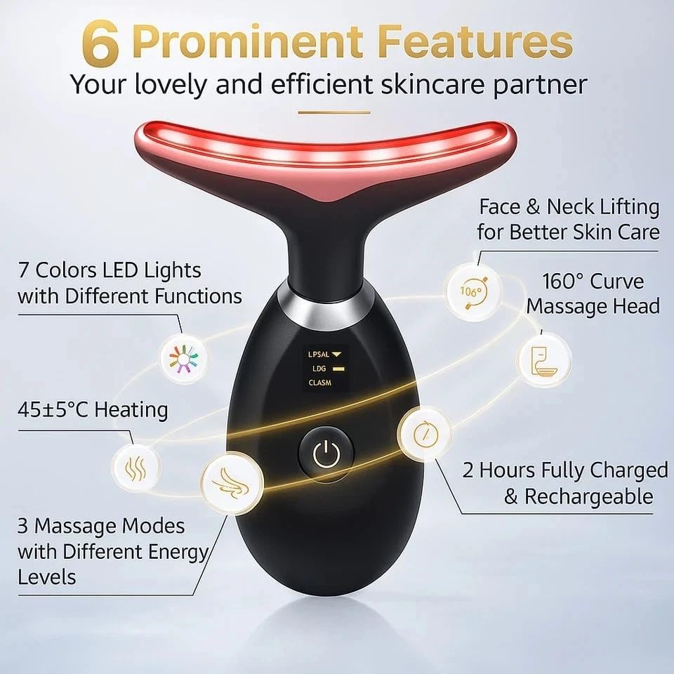 LED Facial and Neck Massager with 7 Color Light Modes, Heated Face Massager for Face and Neck, Rechargeable Skin Care Massage Device, Ergonomic T-Shaped Beauty Tool for Home Use