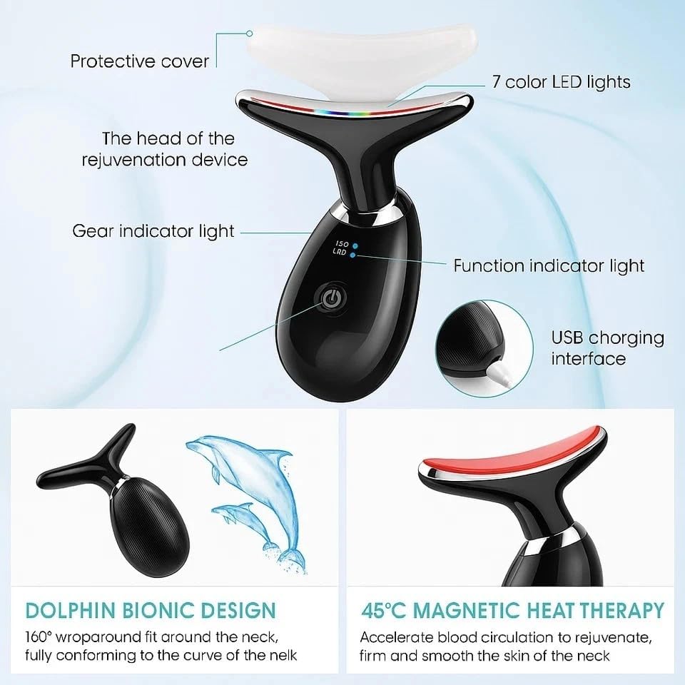 LED Facial and Neck Massager with 7 Color Light Modes, Heated Face Massager for Face and Neck, Rechargeable Skin Care Massage Device, Ergonomic T-Shaped Beauty Tool for Home Use