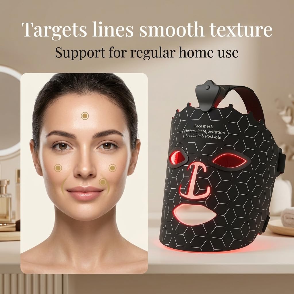 LED Mask Light Therapy for Face - Flexible Silicone Red Light Therapy Mask for Skin Rejuvenation and Anti-Aging - Wireless & Rechargeable Professional Home Skincare Tool, Black