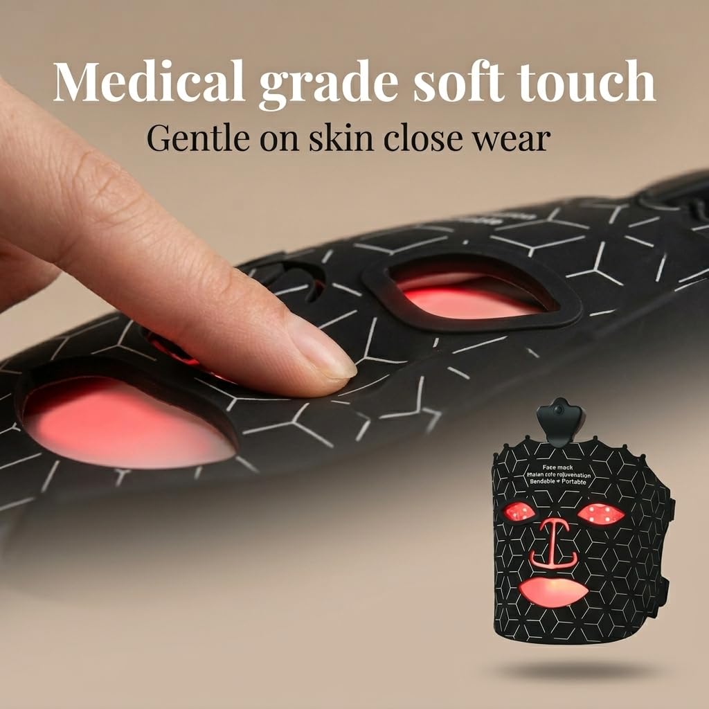 LED Mask Light Therapy for Face - Flexible Silicone Red Light Therapy Mask for Skin Rejuvenation and Anti-Aging - Wireless & Rechargeable Professional Home Skincare Tool, Black