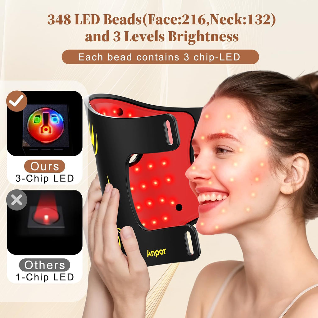 Red Light Therapy for Face and Neck Chest, Red Light Therapy Mask, 850nm Infrared Light, Rechargeable 2000mAh Red Light Mask with 348 LED Beads, 4 Modes, Timer for Anti-Aging, Wrinkles Repair (Black)