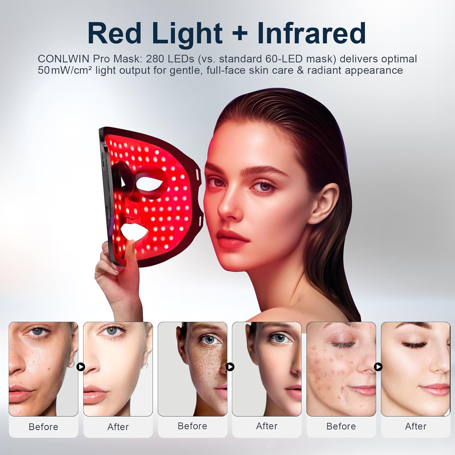 Red Light Therapy Mask for Face, 8 Modes Ultra Lightweight Red Light Mask with 850nm Near Infrared, 2000mAh Rechargeable Portable LED Face Mask Light Therapy with Timer At Home