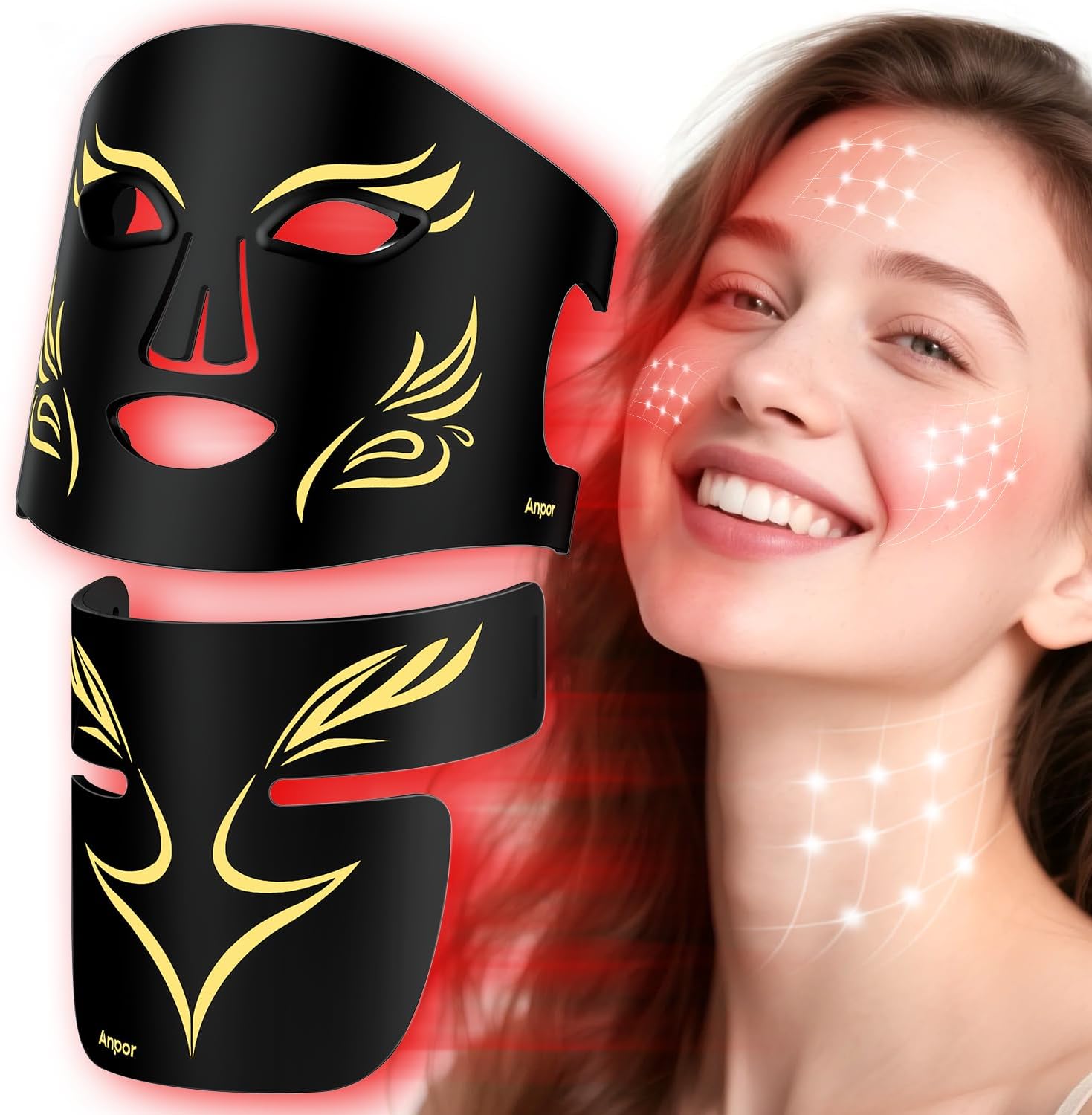 Red Light Therapy for Face and Neck Chest, Red Light Therapy Mask, 850nm Infrared Light, Rechargeable 2000mAh Red Light Mask with 348 LED Beads, 4 Modes, Timer for Anti-Aging, Wrinkles Repair (Black)