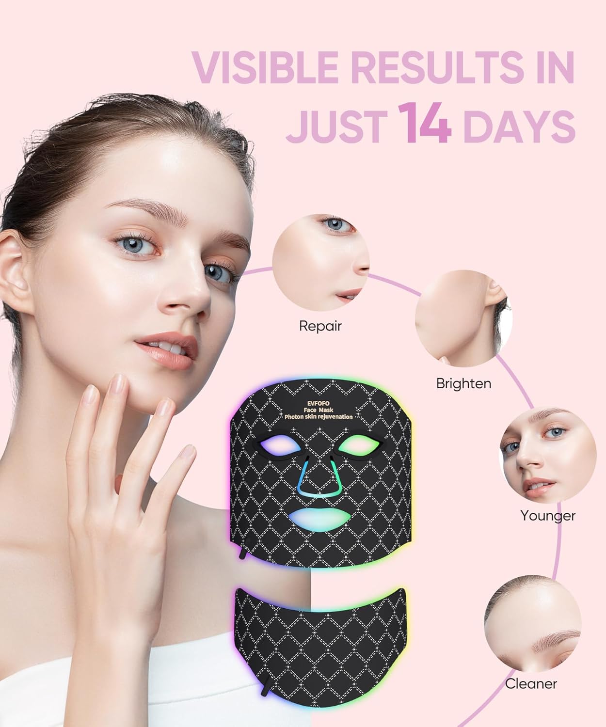 EVFOFO 7-Color LED Red Light Mask with 630nm & 850nm NIR - Red Light Therapy for Face and Neck, Promotes Refined Skin, Clarifies Blemishes & Smooths Fine Lines for Home, Work & Rest