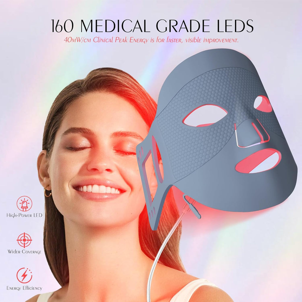 Red Light Mask for Face, Silicone Soft LED Face Mask with Remote, 660nm & 850nm Red Light Mask with Timing Function, Reduced Wrinkles, Anti-Aging, at Home (Grey)