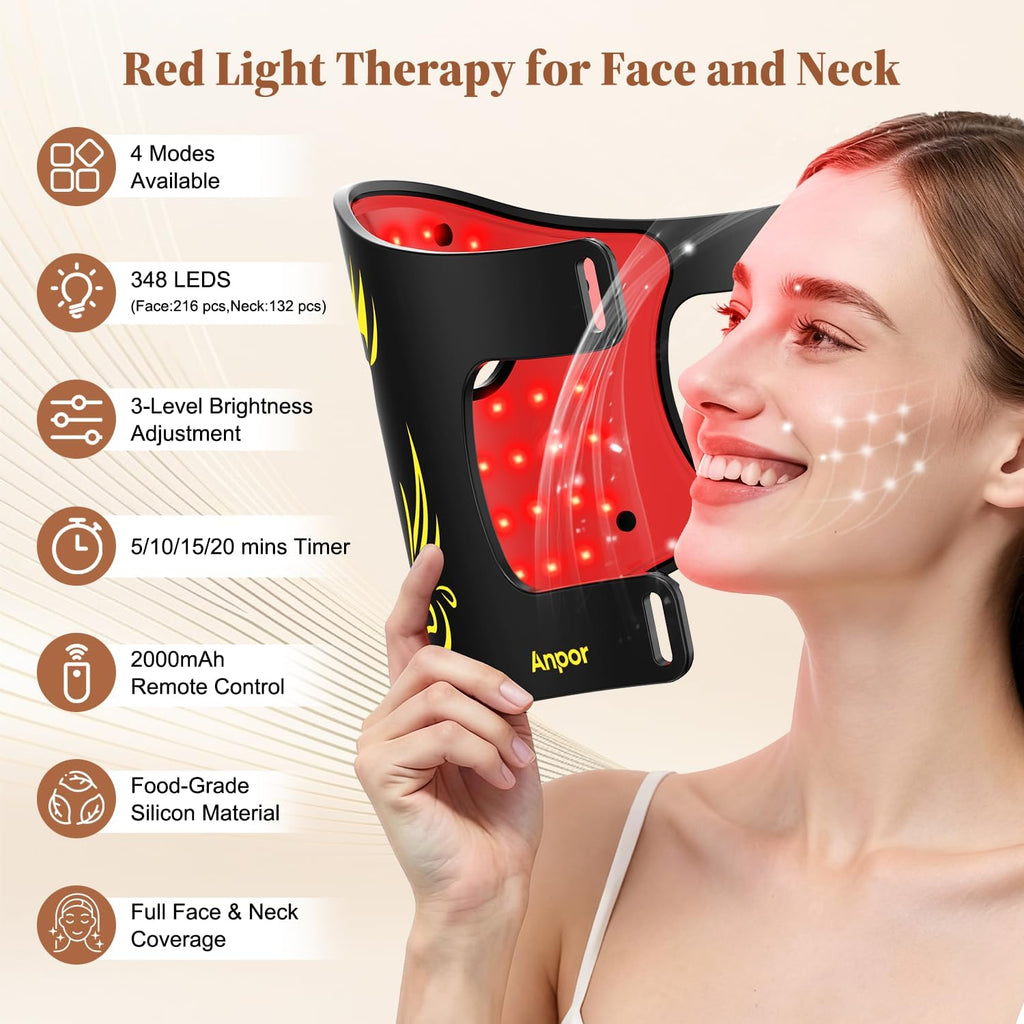 Red Light Therapy for Face and Neck Chest, Red Light Therapy Mask, 850nm Infrared Light, Rechargeable 2000mAh Red Light Mask with 348 LED Beads, 4 Modes, Timer for Anti-Aging, Wrinkles Repair (Black)