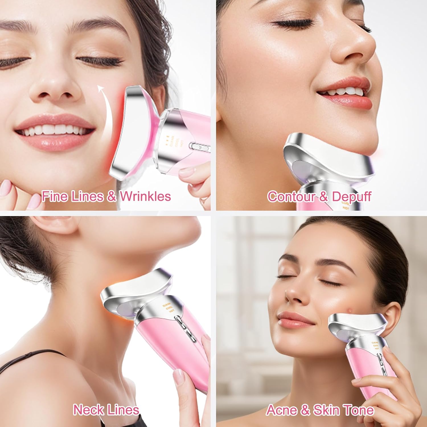 Red Light Beauty Device for Face and Neck, Based on High-end Red and Blue LED Light, Facial Cold and Hot, Vibration Technology, 3 Color Led Face and Neck Beauty Device for Home Use, Light Pink (Pink)