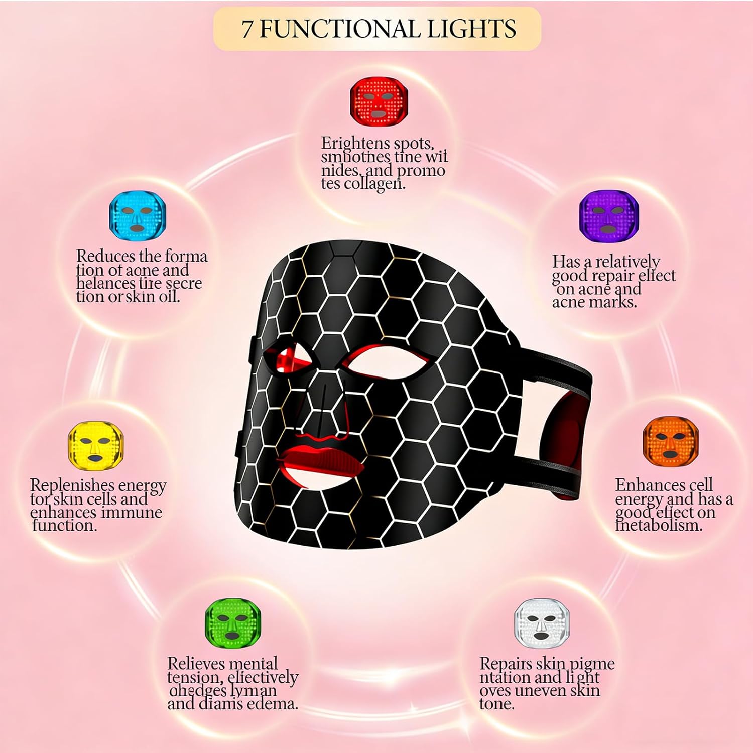 7 Color LED & Infrared Light Therapy Mask for Face, Photon Beauty Mask with Soft Flexible Silicone, Rechargeable Facial Skin Care Device with Auto Timer for Professional Home Spa