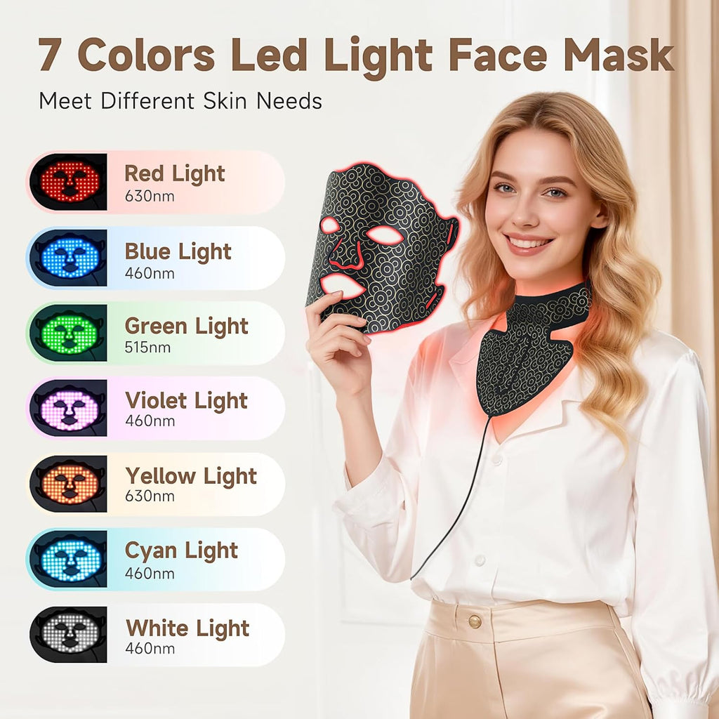 Red Light Therapy Mask for Face and Neck, 7 Color LED Light Therapy Mask with Rechargeable Controller, Adjustable Brightness and Timer, Portable Skin Care for Home Use