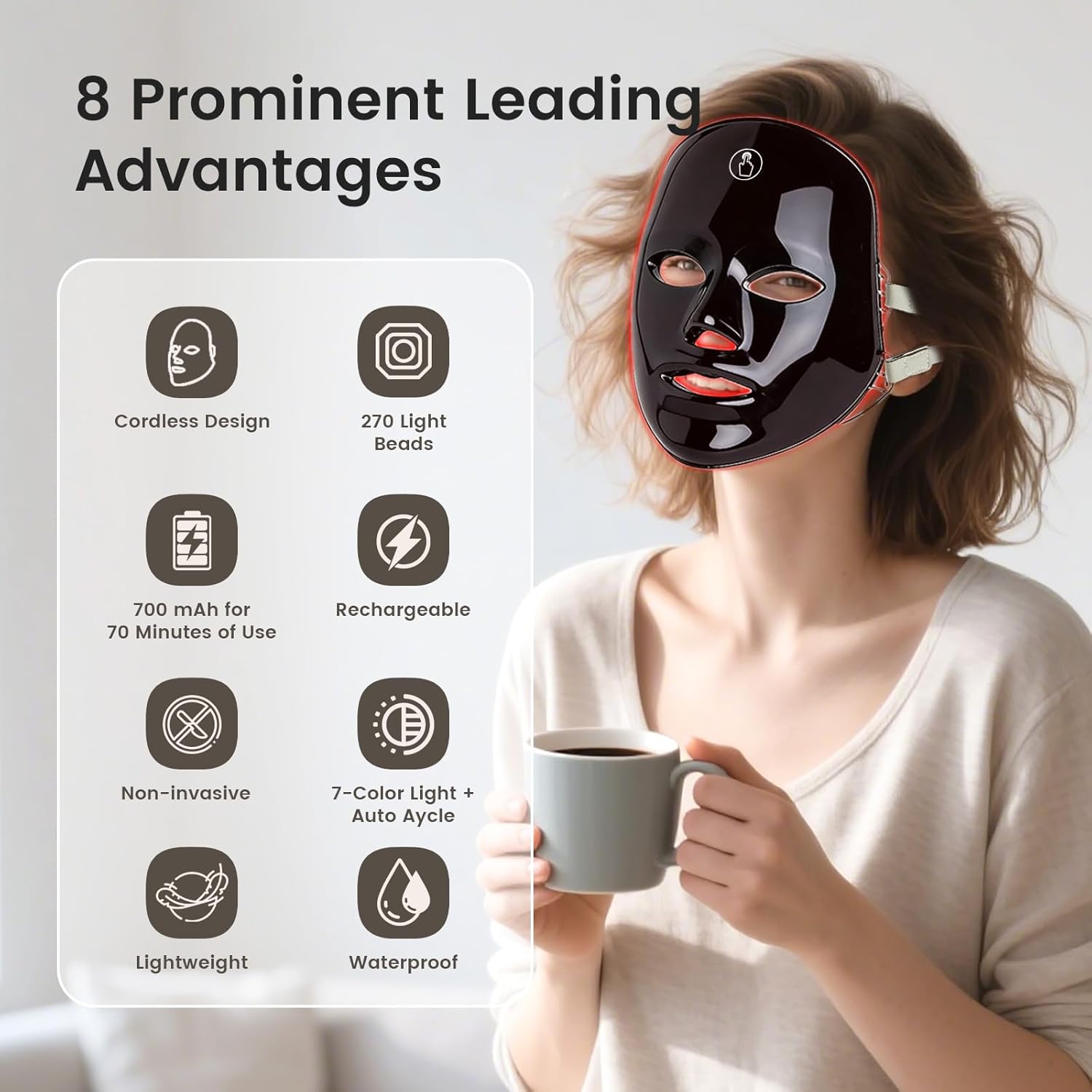 SUERBEATY Red Light Mask For Face, 7-1 Colors Red Light Face Mask, Facial Skincare At Home, Cordless, Portable and Rechargeable,Black