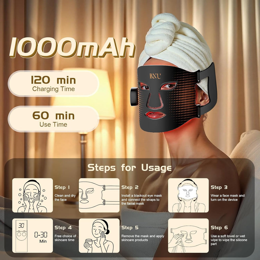 BNU Wireless Red Light Therapy for Face, 4 Modes LED Light Therapy Mask with 400 LED Beads, Dual 1000mAh Remote Control, 850NM Infrared Red Light Therapy for Anti-Aging at Home & Travel