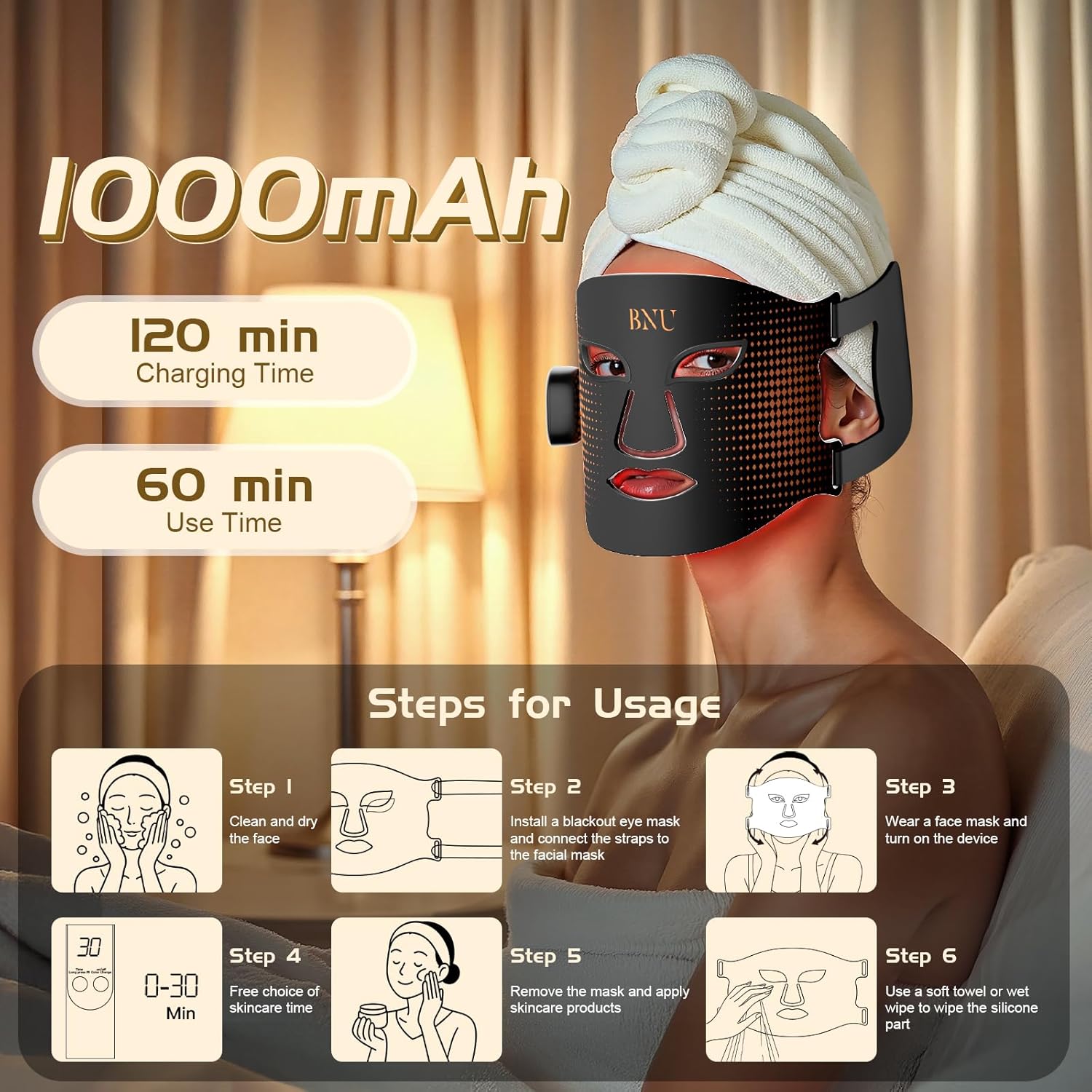 BNU Wireless Red Light Therapy for Face, 4 Modes LED Light Therapy Mask with 400 LED Beads, Dual 1000mAh Remote Control, 850NM Infrared Red Light Therapy for Anti-Aging at Home & Travel