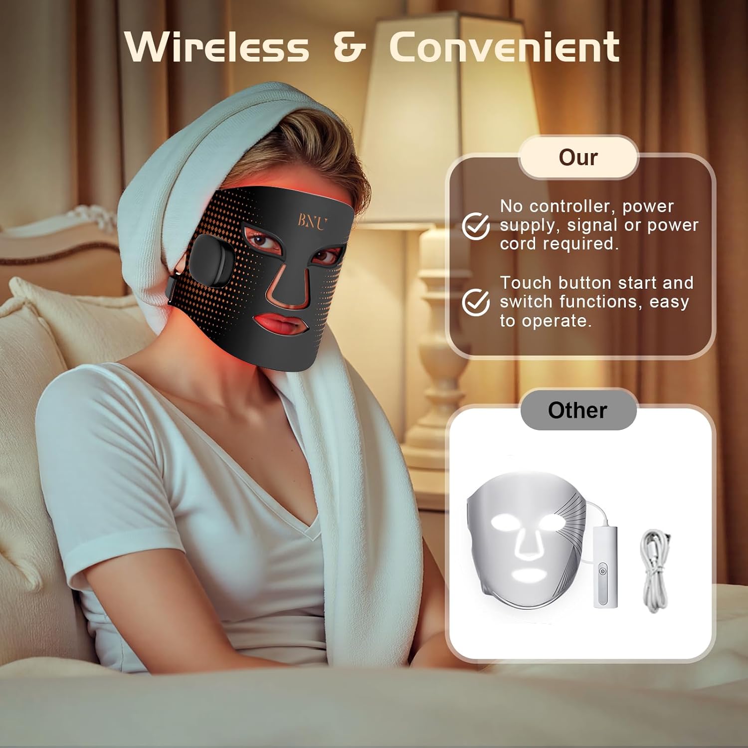 BNU Wireless Red Light Therapy for Face, 4 Modes LED Light Therapy Mask with 400 LED Beads, Dual 1000mAh Remote Control, 850NM Infrared Red Light Therapy for Anti-Aging at Home & Travel