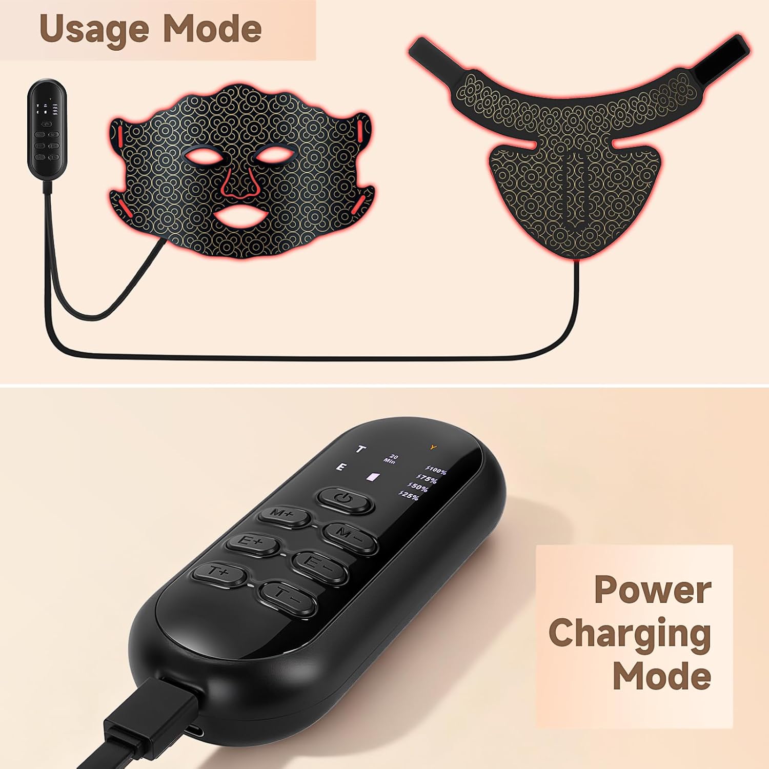 Red Light Therapy Mask for Face and Neck, 7 Color LED Light Therapy Mask with Rechargeable Controller, Adjustable Brightness and Timer, Portable Skin Care for Home Use