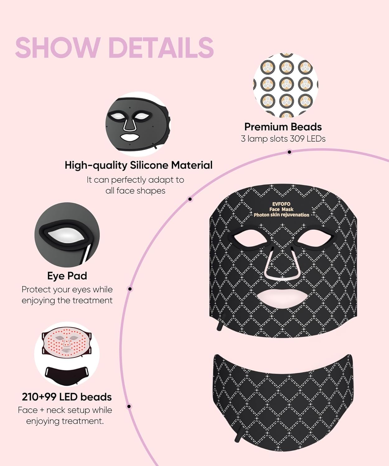 EVFOFO 7-Color LED Red Light Mask with 630nm & 850nm NIR - Red Light Therapy for Face and Neck, Promotes Refined Skin, Clarifies Blemishes & Smooths Fine Lines for Home, Work & Rest