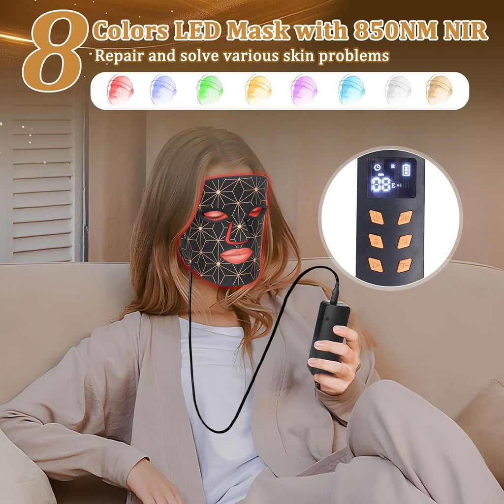 Red Light Therapy for Face, 8 Color LED Face Mask Light Therapy with 850nm Infrared, 3000mAh Rechargeable Portable Red Light Therapy Mask, Facial Skin Care Device for Rejuvenation, Home & Travel