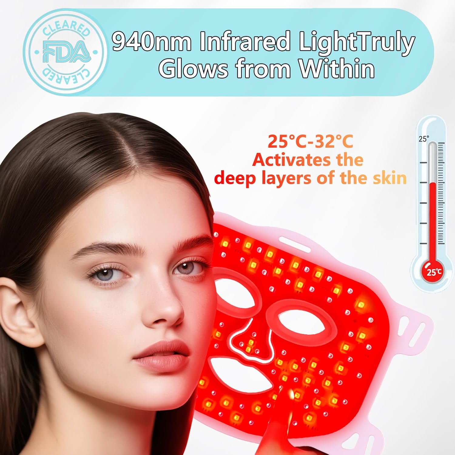 Red Light for Face,Red Light Mask For Face And Neck Women,25°C-32°C Heated Infrared Face Mask,Anti-Aging Infrared,LED 940nm IRFace