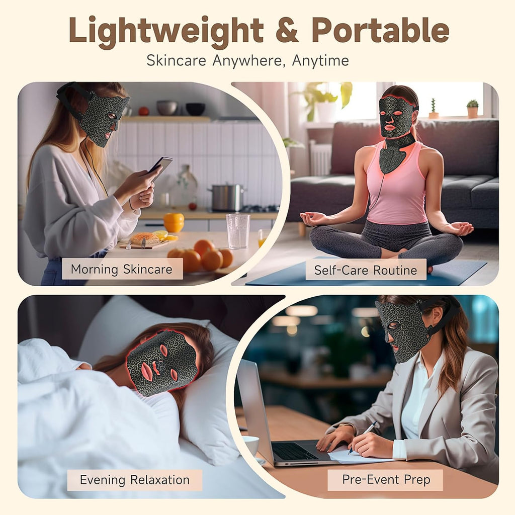 Red Light Therapy Mask for Face and Neck, 7 Color LED Light Therapy Mask with Rechargeable Controller, Adjustable Brightness and Timer, Portable Skin Care for Home Use