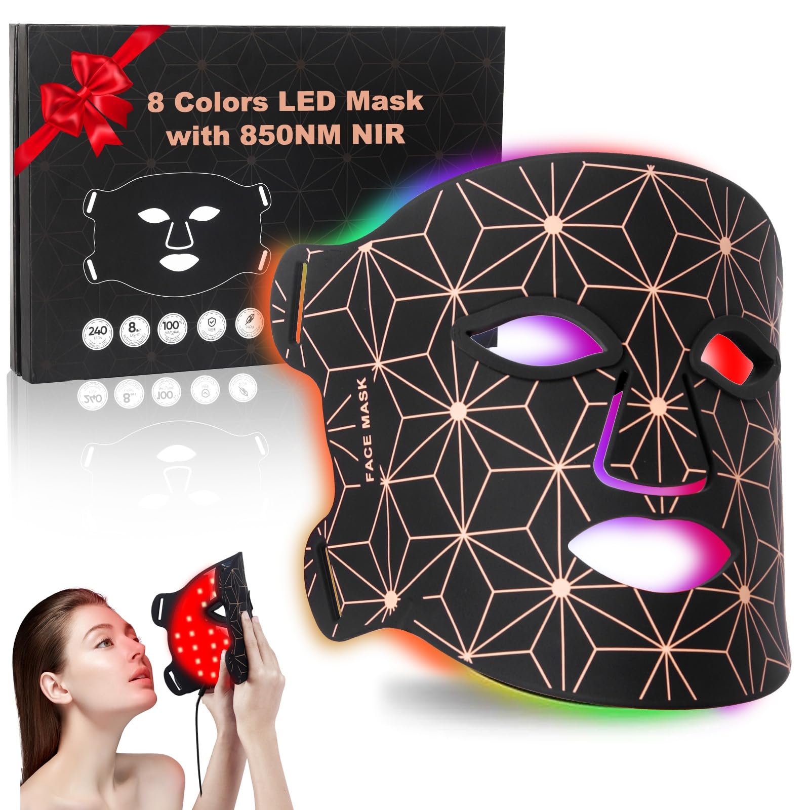 Red Light Therapy Mask for Face, 3000 mAh Rechargeable LED Face Mask Light Therapy with 850NM Near-Infrared, 8 Colors Red Light Mask, Skin Care Device at Home and Travel for Skin Rejuvenation