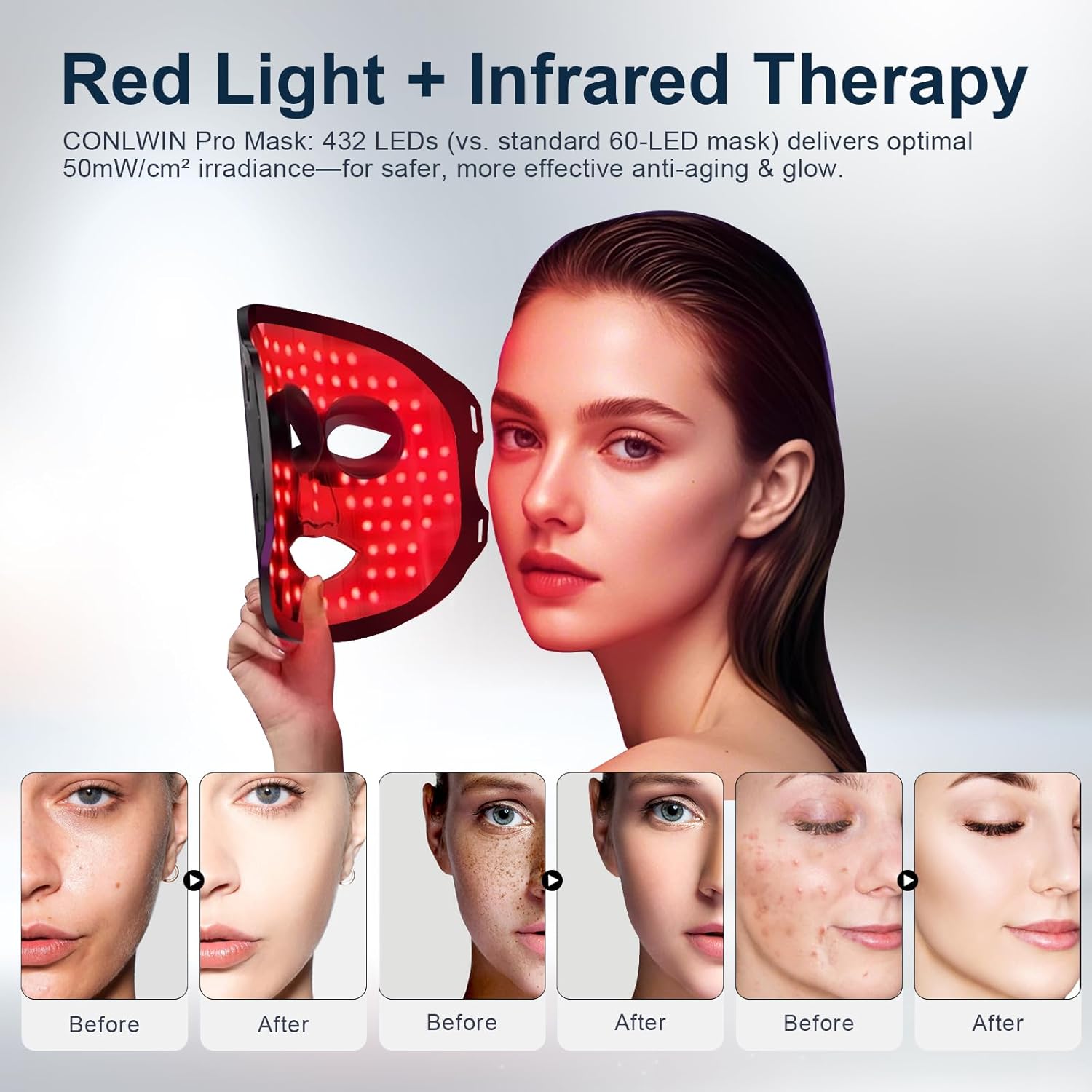Red Light Therapy Mask for Face, 8 Modes 5 Intensities Red Light Mask with 850nm Infrared & 432 LEDs, 2000mAh Rechargeable Portable LED Face Mask Light Therapy with Timer, at Home