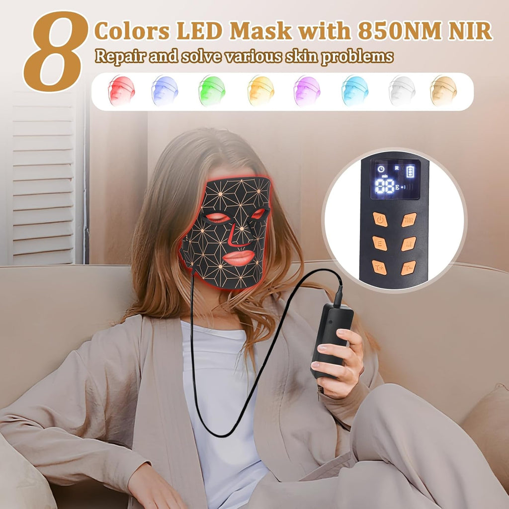 Red Light Therapy Mask for Face, 3000 mAh Rechargeable LED Face Mask Light Therapy with 850NM Near-Infrared, 8 Colors Red Light Mask, Skin Care Device at Home and Travel for Skin Rejuvenation
