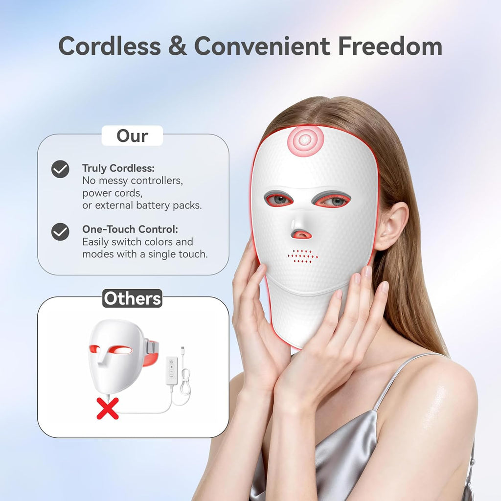 Upgraded LED Face Mask Light Therapy - Gen 2 Ultra-Lightweight Face & Neck Red Light Therapy Device - Detachable Neck Piece & 7 Color Photon Skin Care Shield - Wireless & Portable Home Spa