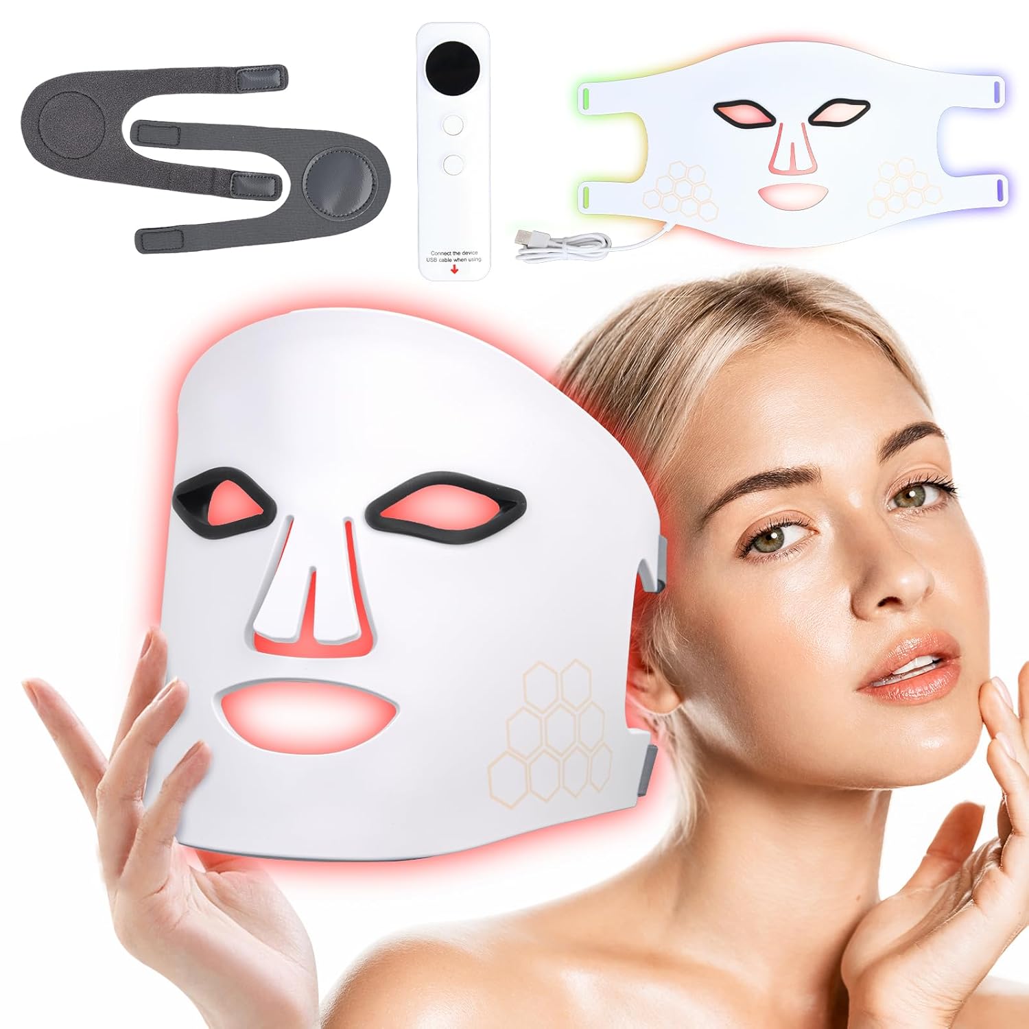 FSA, HSA Eligible Hsaiiae LED Light Theratment Mask, Infrared Remedies for Stiffness Relief, Dual Modes for Acne Solution and Skin Care, 4 Color Lights Settings